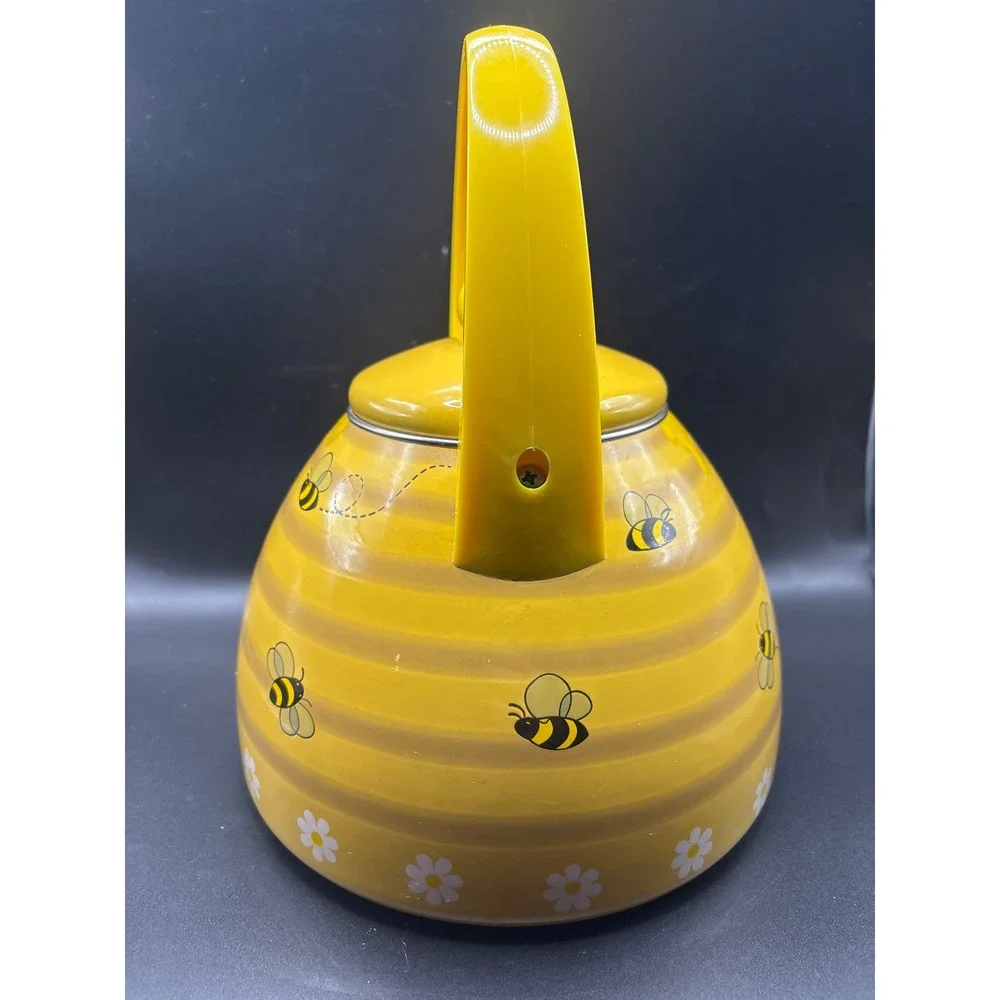 Bumblebee Honey Pot Whistling Tea Kettle Yellow Enamel Stovetop Bee Daisy Design